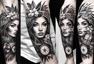sleeve tattoo with jungle plants, eye compass tattoo idea