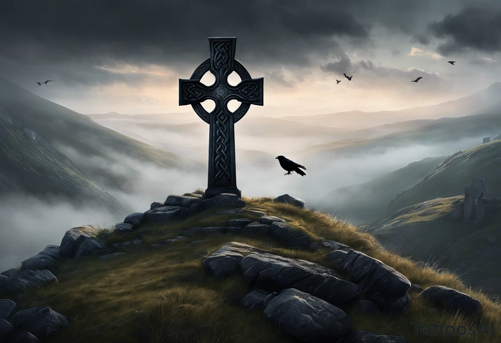 A stone Celtic cross solemnly standing atop a hill, a raven perches atop the cross staring out over the desolation. A ruined stone wall lies crumbling near the cross. Mist rolls along the hilltops adding to the melancholic nature of the scene tattoo idea