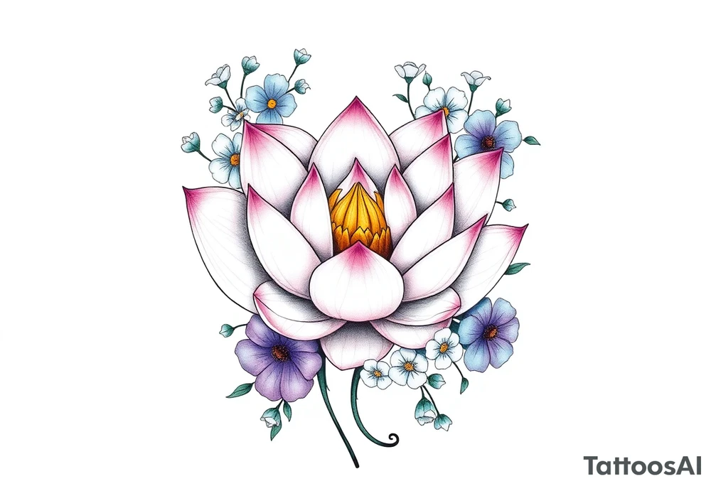 Lotus flower surrounded by forget me nots and peonies tattoo idea