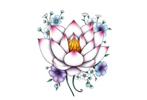 Lotus flower surrounded by forget me nots and peonies tattoo idea