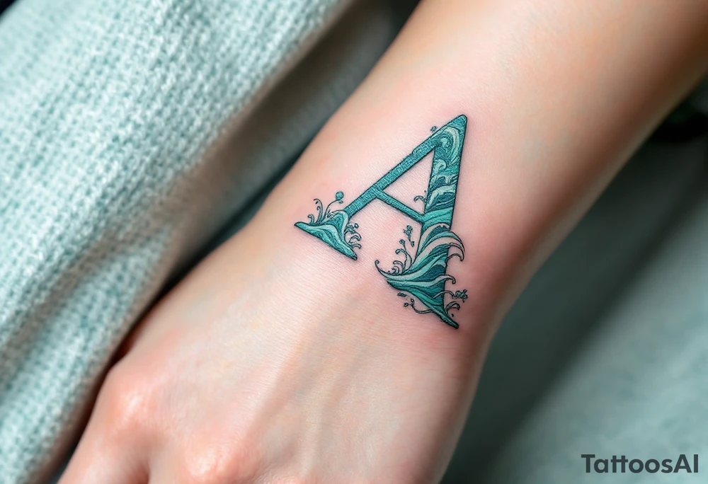 A sea-inspired "A" in deep turquoise and seafoam green, with wave details. tattoo idea