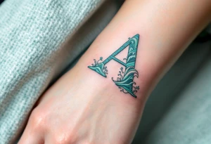 A sea-inspired "A" in deep turquoise and seafoam green, with wave details. tattoo idea