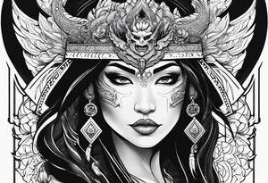 kali, valkrye, pirate, asian goddess, , warrior, native american, lotus, zenza resonance, skulls, dragon, pachamama, left side face, chest, right wing, tattoo idea