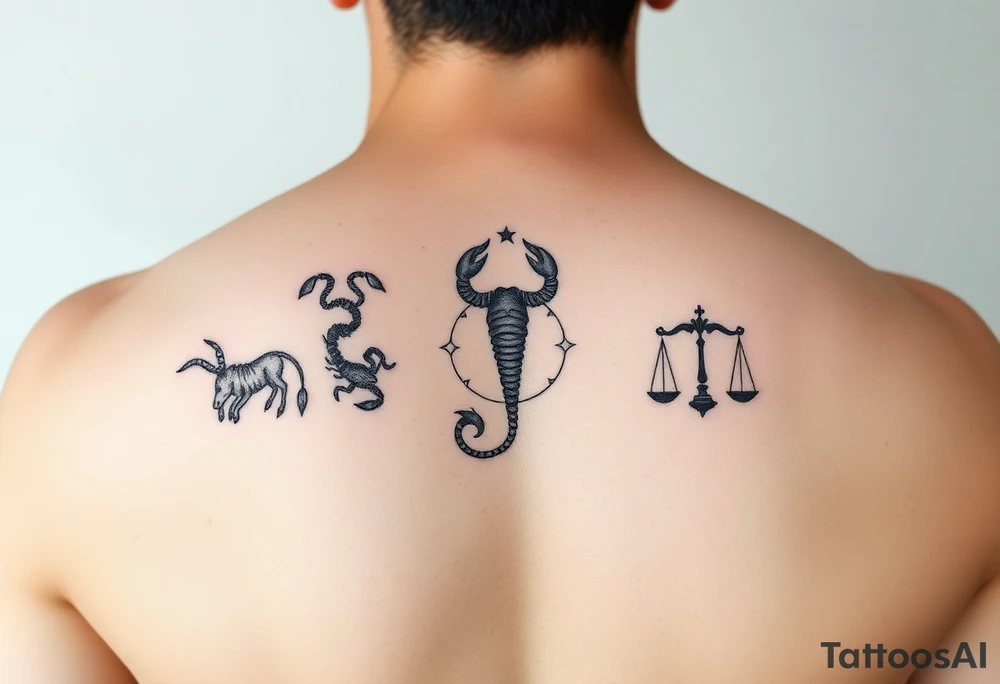 Taurus, cancer, 2 scorpio, capricorn, and libra constellation tattoo for arm tattoo idea