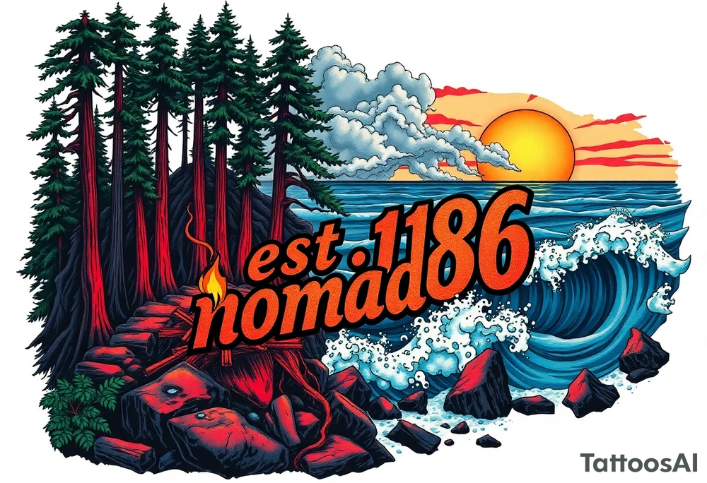Collage of Redwood forest cliff huge trees campfire smoke and sunset meeting ocean  with huge waves crashing on the rocky shoreline and a night ski with the words "est.1986 nomad life" in graffiti like old English custom letters tattoo idea