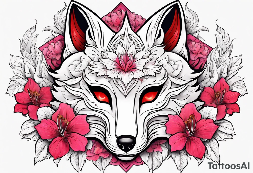 White kitsune mask with red accents and pink hibiscus flowers tattoo idea