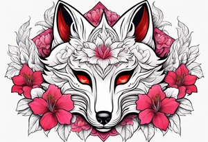 White kitsune mask with red accents and pink hibiscus flowers tattoo idea