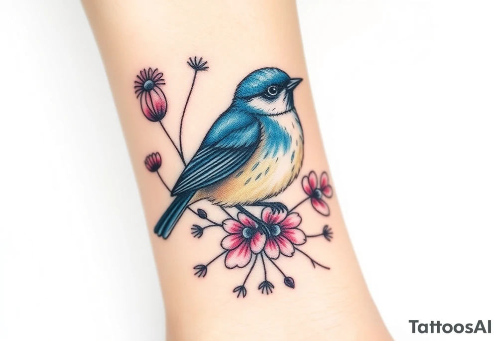 Puffy bluebird surrounded by wild flowers tattoo idea