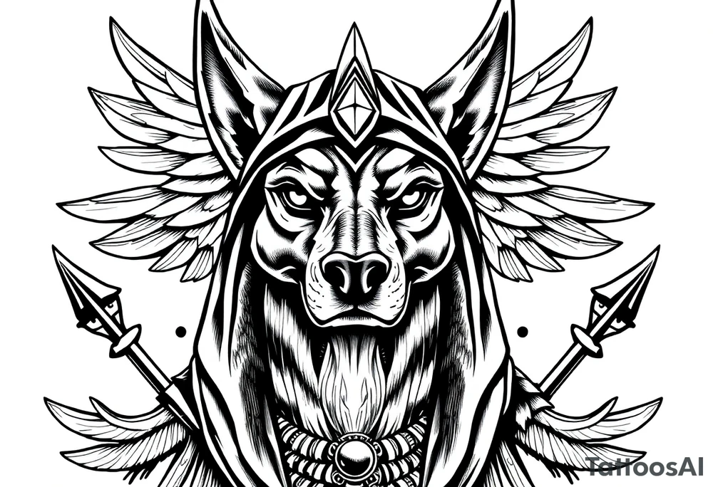 Egyptian Anubis god face muscle in Egypt style  with mantle on head with empty eyes 

dog face surrounded Egyptian symbols based on elements tattoo idea