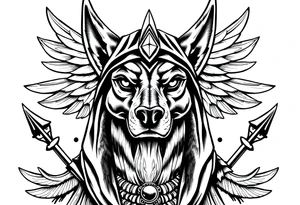 Egyptian Anubis god face muscle in Egypt style  with mantle on head with empty eyes 

dog face surrounded Egyptian symbols based on elements tattoo idea