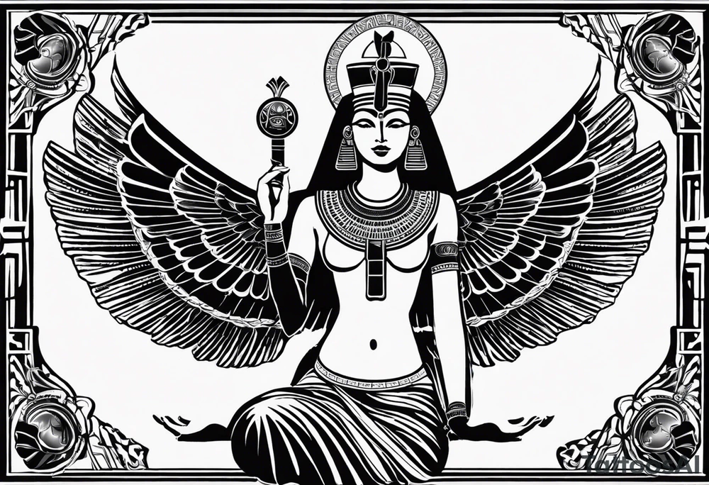 black and white Egyptian goddess Isis, who is often depicted as a woman with outstretched wings, holding an ankh (a symbol of life) in one hand and a lotus flower in the other. Her headdress often includes a throne or a solar disk. The tattoo design can vary in style and size, but it typically aims to capture the essence of this revered Egyptian deity, emphasizing her beauty, power, and maternal qualities. The choice of colors and additional elements can also be customized to create a unique and visually striking representation of the goddess Isis tattoo idea