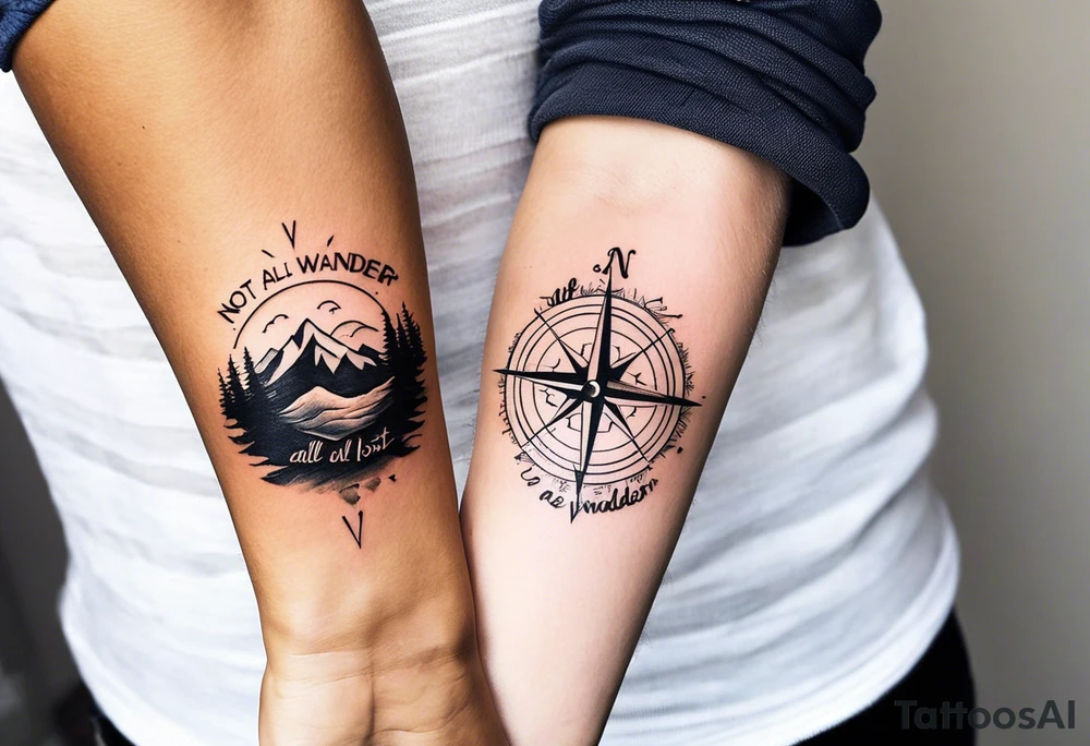 A half sleeve tattoo that features the quote **"Not all who wander are lost"** in elegant script on the outer forearm. Surrounding it are a compass rose and flowing elements like mountains, waves, and trees, symbolizing adventure and nature. Small travel icons like a plane and backpack are interspersed, enhancing the theme of exploration. The design uses a dynamic look that wraps naturally around your forearm. tattoo idea