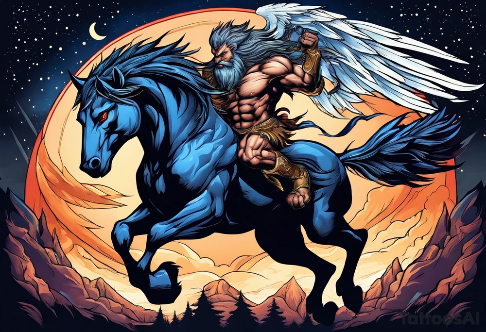 Muscular werewolf and Pegasus fighting in the night tattoo idea