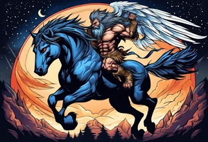Muscular werewolf and Pegasus fighting in the night tattoo idea