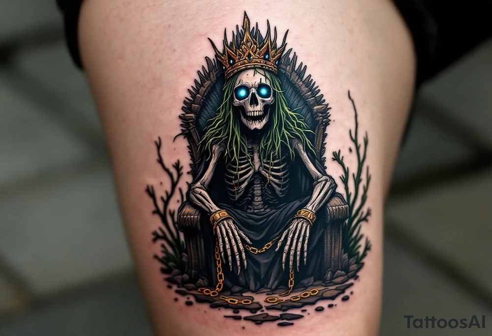 Drowned Pirate King – A skeletal pirate in a decayed, seaweed-covered crown, sitting on a barnacle-crusted throne at the bottom of the sea. His empty eye sockets gleam with deep-sea blue light, and broken golden chains dangle from his wrists. tattoo idea