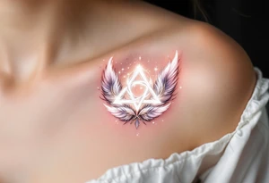 A glowing white triquetra surrounded by angelic feathers, symbolizing divine protection and purity. tattoo idea