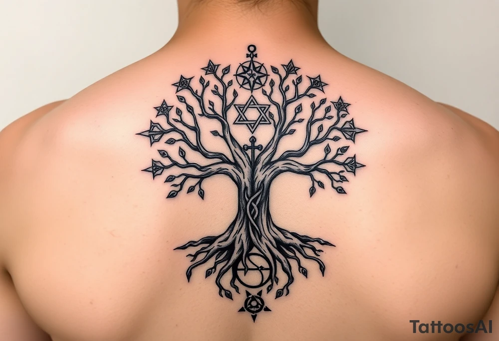 geometrical mystical tree of life with the star of David and cross cosmic roots and celestial symbols branches with HIV-positive symbol tattoo idea