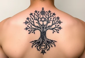 geometrical mystical tree of life with the star of David and cross cosmic roots and celestial symbols branches with HIV-positive symbol tattoo idea