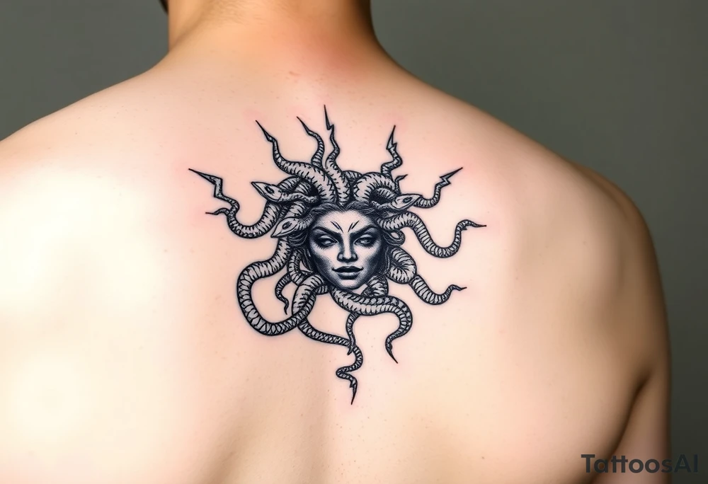 detailed female Medusa Head containing snakes and surrounded by lightnings black color and on the outer forearm tattoo idea