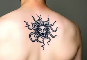 detailed female Medusa Head containing snakes and surrounded by lightnings black color and on the outer forearm tattoo idea
