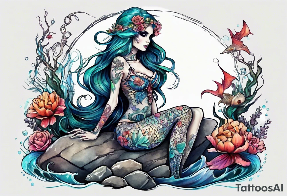 Skeleton mermaid sitting on rock tattoo idea