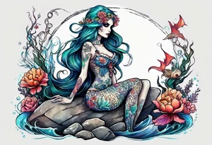 Skeleton mermaid sitting on rock tattoo idea