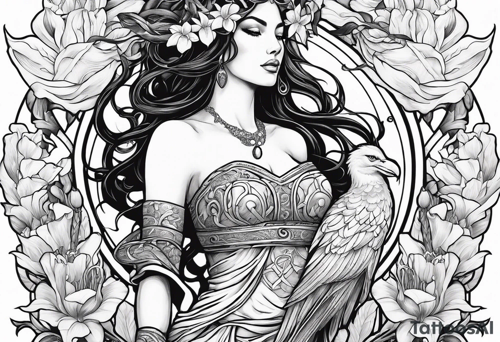 a side view of the goddess lilith holding a serpent surrounded by lilies tattoo idea