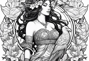 a side view of the goddess lilith holding a serpent surrounded by lilies tattoo idea