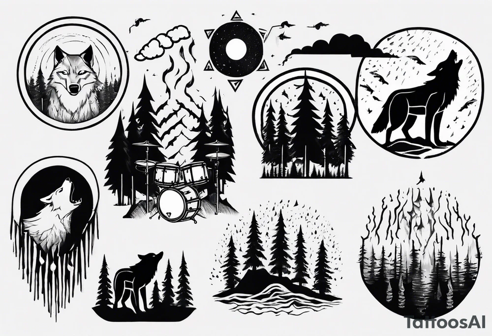 thunderstorm over a forest with a wolf howling on drums tattoo idea thunderstorm over a forest with a wolf howling on drums tattoo idea