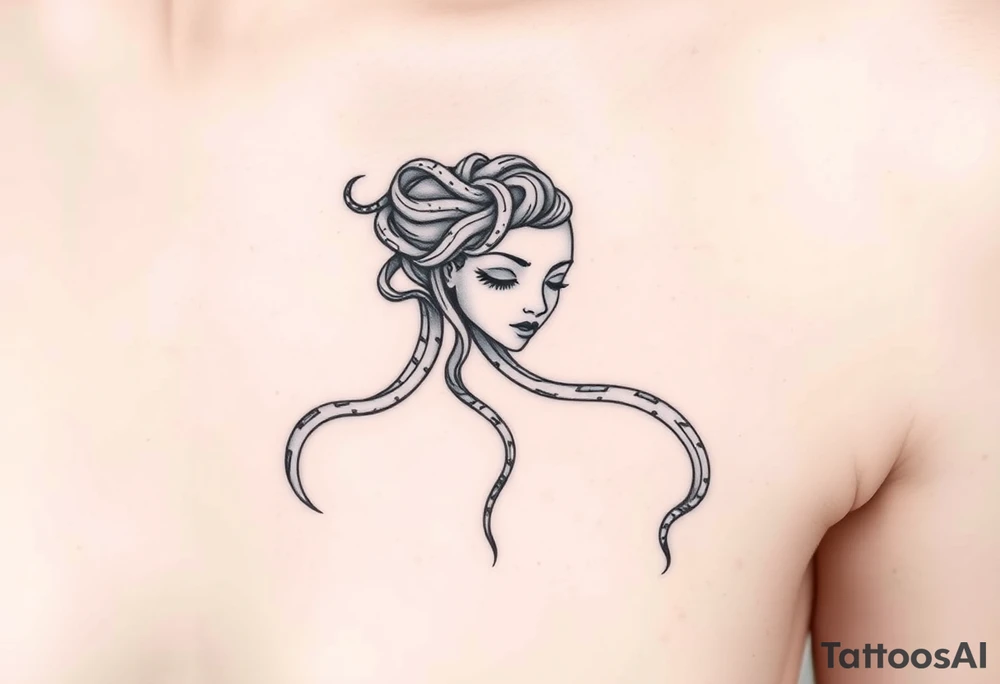 Closed-eye Medusa, calm and peaceful
Broken snake strands at the ends, fading softly
Overall feeling: healing
Right side of chest
Size: 2-3 inches
Fine-line/ single-needle
No heavy black fills
2-3 variations so I can compare softness levels tattoo idea