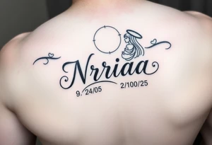 Love one tattoo with the name nriaa 9/24/05 death date 2/10/25 black lining, less shade in including a halo on thigh girl tattoo idea