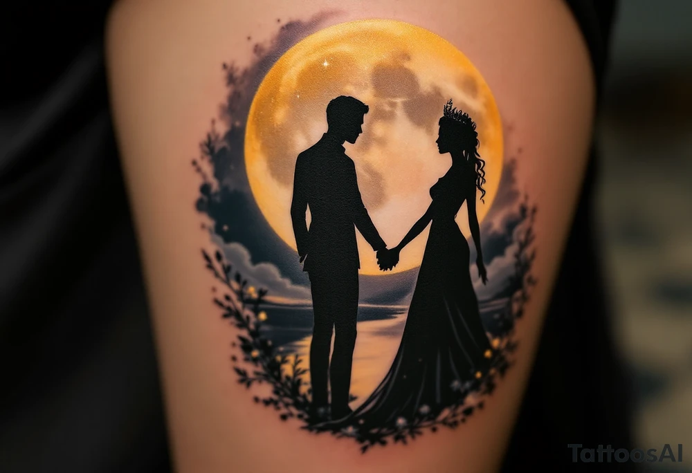 A silhouette of a royal couple holding hands under a black and gold moonlit sky. tattoo idea