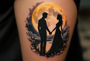 A silhouette of a royal couple holding hands under a black and gold moonlit sky. tattoo idea