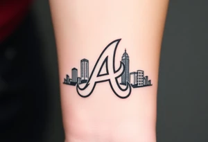 Atlanta Braves logo “A” overlapping a 3D Atlanta skyline behind the logo tattoo idea