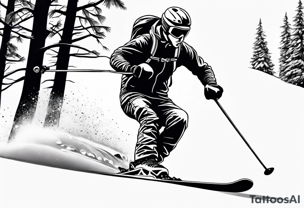 simple drawing of a 
tattoo of a snow skier skiing through trees showing ski trail tattoo idea