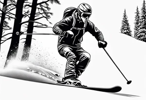 simple drawing of a 
tattoo of a snow skier skiing through trees showing ski trail tattoo idea