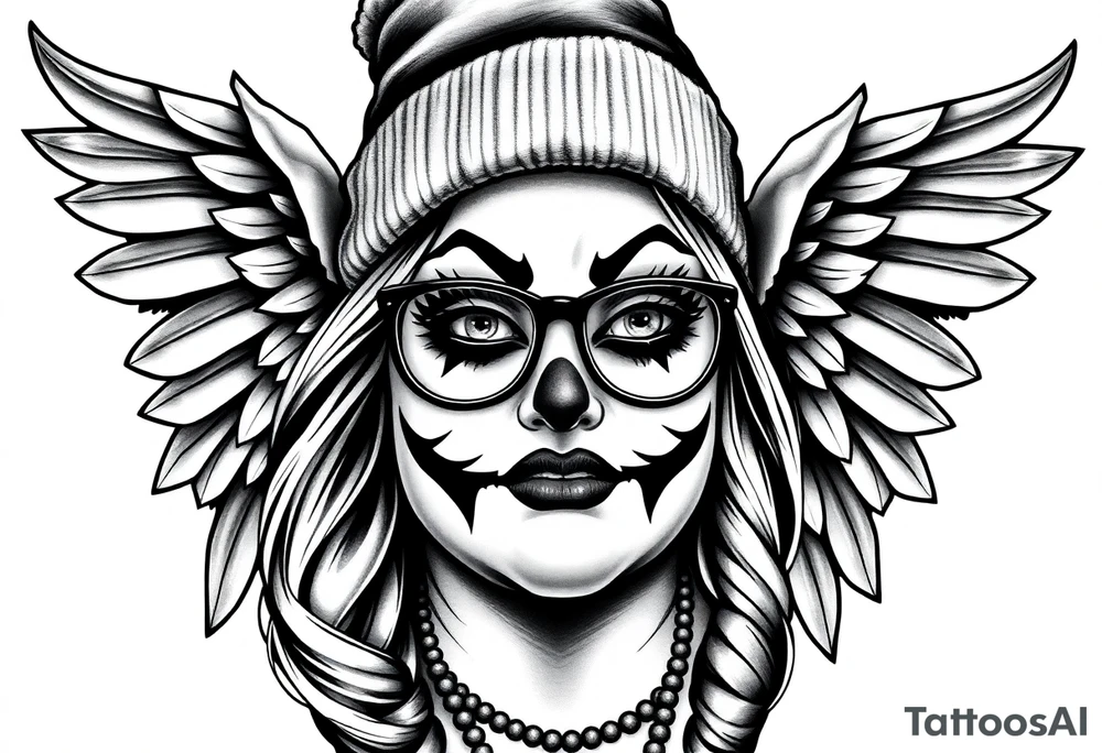 Chicana BBL fat sexy chunky plus size beautiful long hair clown makeup angel wings thug beanie eyeglasses tattoo idea