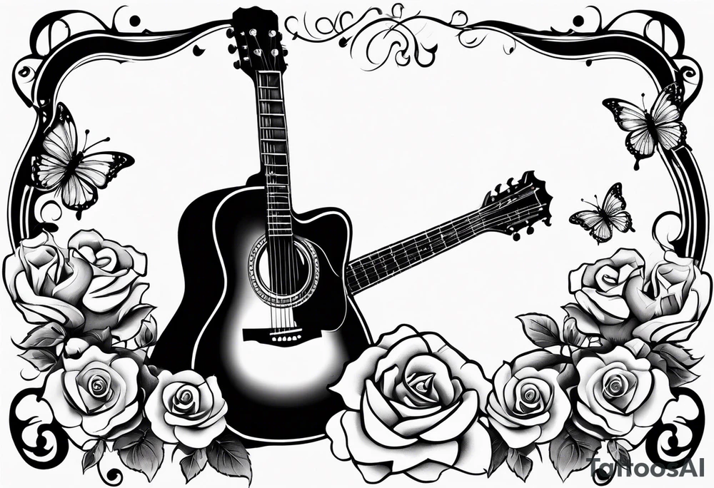 Acoustic guitar with 
roses and butterflies on the right side only tattoo idea