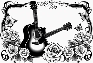 Acoustic guitar with 
roses and butterflies on the right side only tattoo idea