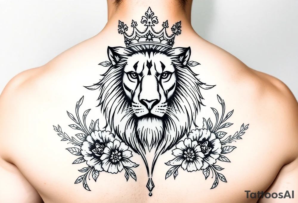 powerful majestic lion with a crown, surrounded by floral ornaments and birds tattoo idea