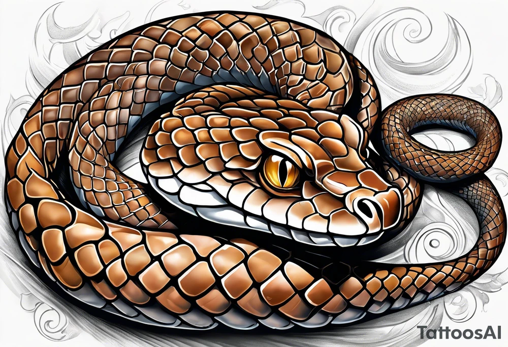 Copperhead coiled up with head turned up and mouth open and copper colored eyes tattoo idea