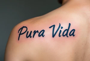 “Pura Vida” in all caps, inked in deep indigo with a silhouette of a surfer and soft orange horizon. tattoo idea