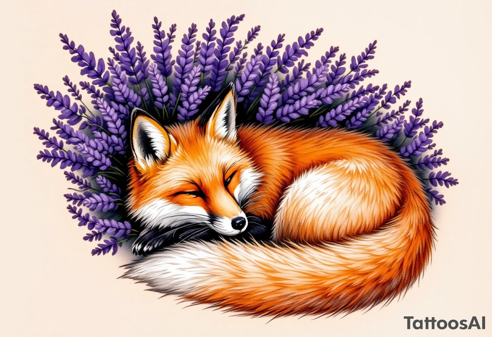 A fox curled up beneath a lavender bush, with warm orange tones contrasting the cool purple hues. tattoo idea