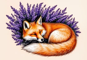 A fox curled up beneath a lavender bush, with warm orange tones contrasting the cool purple hues. tattoo idea