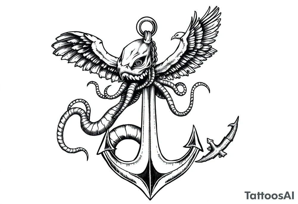 kraken, sailor, anchor, sea, bird concept art tattoo idea