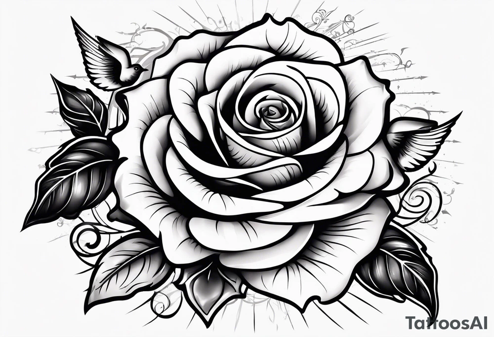 rose, sun light, dove, clock, and text box tattoo idea