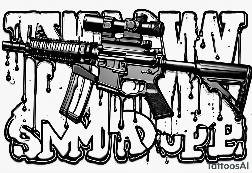 AR15 dripping syrup with "Texas Made" on the top the words Texas Made in bubble tag letters on top of the AR tattoo idea