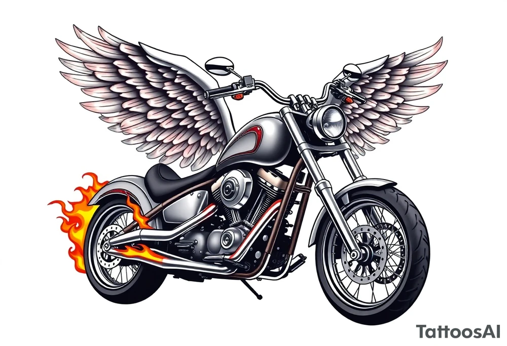 Low rider grey motorcycle, flames, angel wings tattoo idea