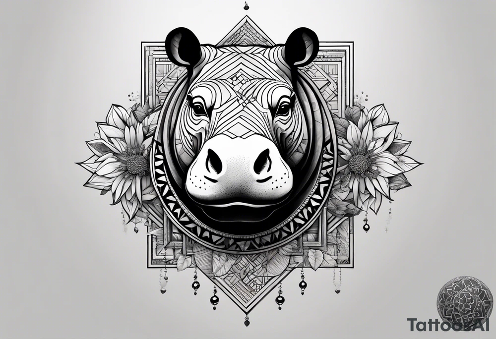 Very asymmetrical, +geometric pattern, with realistic full moon, with hippo at side look, +tribal, +geometric, +inkart , +blackwork, +grey scale, + sketch
with wintersweet flower bud, +inkart touch, tattoo idea