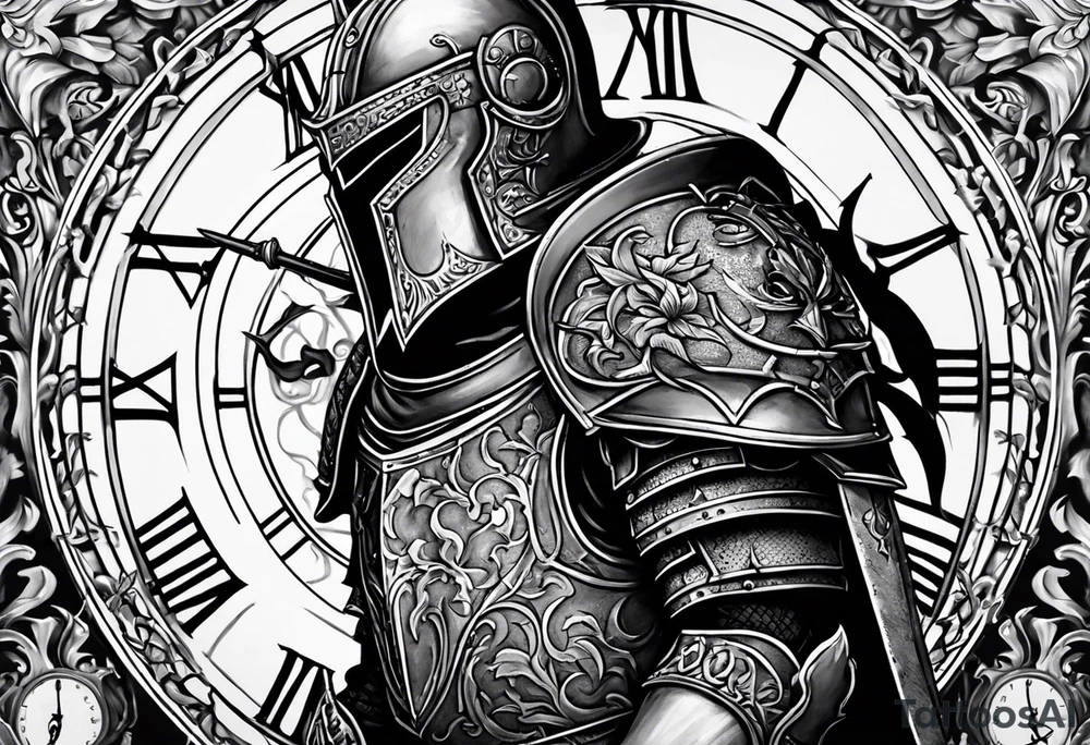 knight with heavy armor with clock and less detail tattoo idea knight with heavy armor with clock and less detail tattoo idea